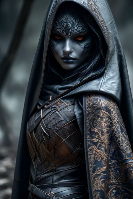 RAW photo, (masterpiece:1.3), subsurface scattering, heavy shadow, (high quality:1.4), (intricate, high detail:1.2), professional photography, HDR, High Dynamic Range, realistic, ultra realistic, photorealistic, high resolution, film photography, ambient lighting, atmospheric effects, <lora:detail_slider_v4:2>, OverallDetail, a female drow rogue, dark makeup, intricate leather armor, jewelry, cape, hood, <lora:Drow:0.8>, epiCPhoto
