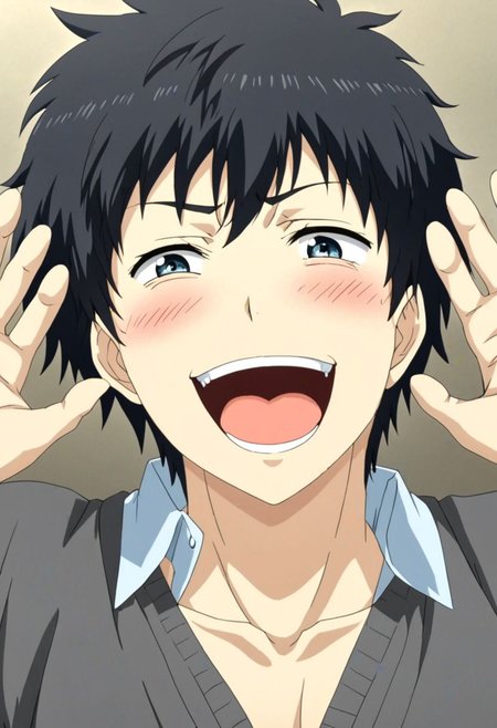high resolution, solo, best quality, 1Boy, Arata Kaizaki, Black Hair, Blue Eyes, laughing, tickled, OverallDetail