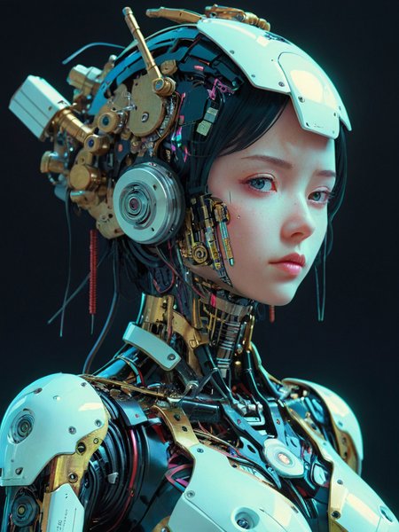 surreal illustration, by yoshitaka amano, by ruan jia, (by conrad roset:1.55), by Kilian Eng, by good smile company, detailed anime 3d render of a female mechanical android, portrait, cgsociety, artstation, modular patterned mechanical costume and headpiece, retrowave atmosphere cinematic lighting