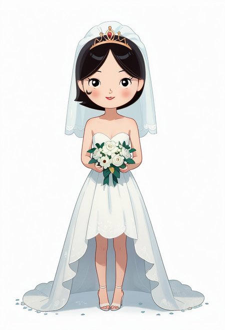 zPDXL3, source_cartoon, Perfect Hands, full body, 1girl, solo, saoirse, black hair, black eyes, blush, short hair, smile, Red Lipstick Full body, barefoot, Perfect Hands, perfect barefoot, perfect Small flat chest natural breasts; Wedding dress, Wedding veil, Golden tiara, white high heels sandals, white background looking at viewer,
