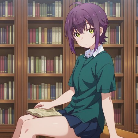 nsfw, masterpiece, best quality, 1girl, solo,  the_dreaming_boy_is_a_realist_kei_ashida, sitting, read, ahoge, purple hair, shirt, short hair, green shirt, looking at viewer, short sleeves,  skirt, closed mouth, bangs, library, <lora:Kei_Ashida_-_The_Dreaming_Boy_Is_a_Realist:0.7>