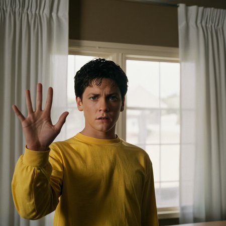 <lora:add-detail-xl:1>
<lora:detailed:0.3>
<lora:perfection style:0.3>
<lora:xl_more_art-full_v1:0.3>
 <lora:Donnie Darko film style:1>
Jake a angry man in a yellow shirt is holding a hand up while looking confused in front of viewers,solo,looking at viewer,shirt,black hair,long sleeves,1boy,white shirt,upper body,male focus,indoors,window,curtains,realistic , cinematic, film, Donnie Darko film style