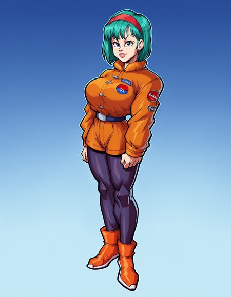 score_9, score_8_up, score_7_up,
looking at viewer,large breasts, gradient background, 
bulmaxl, 1girl, solo, looking at viewer, medium length hair, red hairband,space jacket,  orange footwear, blue background, black tights,
<lora:fontezxl2:1>,   <lora:bulmaxl4:0.5>