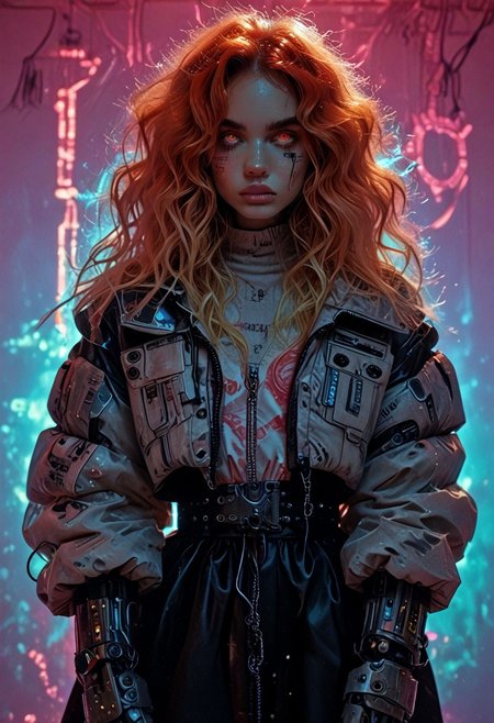 score_7_up, (score_9:1.1), (ugly:0.9),(pretty:1.4),1woman, adult, realistic, realism, hyper realistic, sparkling hair, floaty hair, wavy hair, (soft light coloured hair:1.3), (red iris, glowing iris, neon white pupils:1.3), looking at viewer, big hair, huge afro, zero gravity hair, detailed, perfect, perfection, hands, big scar across face,
BREAK,
((extra_puffy_jacket, black skirt, glossy lips, shiny skin)), full lips, hands behind back, (upper body:1.9),  blocky shape cybernetics, cybernetics, cybernetic skin, raised eyebrow, pale skin, ((snub nose:1.4)), breasts, (prominent abs:1.1), focus upper body,  sweating, 
BREAK,
(neon background, future slums, neon, cybernetic background, mist:1.3),(cybernetic mechanical arm, prosthesis:1.3),