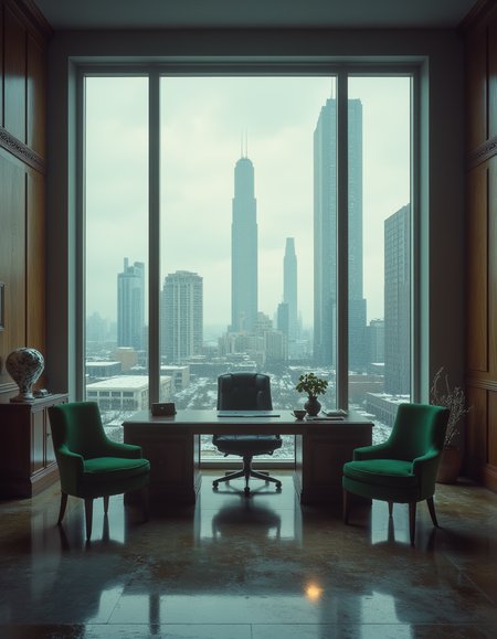 Cinematic scene of a dystopian cityscape with skyscrapers, industrial vibes, cloudy sky,  office room, traditional office desk with wooden walls, but yet with touch of futuristic tech, green velvet seats in front of desk, the floor to ceiling windows overlooking the skyline, 
luxurious and art deco while yet dystopian. 
<lora:80s_Fantasy_Movie:1> ArsMovieStill, 80s Fantasy Movie Still