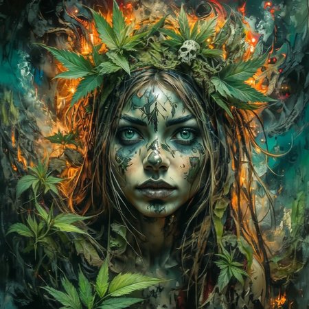 shamanqua  girl shaman among the marijuana bushes, very detailed<lora:shamanqua:1>