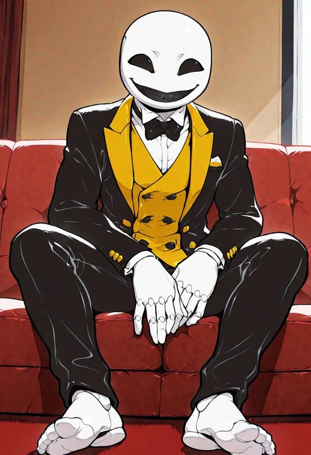 (((beautiful, high quality))), score_9, score_8_up, score_7_up, score_9, score_8_up, score_8, masterpiece, best quality, unrealistically high details, extremely high quality, ultra high detail, good anatomy, best shading, best lighting, ((1boy, solo)), Expressiveh,
Carapacian, male,  white skin, black eyes, black teeth, wearing a yellow butler uniform with blue and pink accent colors, smiling, in a bedroom, sitting on a couch,