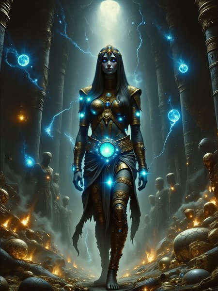 movie poster-style digital painting with an ancient egyptian fantasy theme, intricate details, sfumato, in the foreground, a gorgeous egyptian female pharaoh with long straight silky black hair, wearing a golden cobra circlet and heavy ancient egyptian-style makeup is walking towards the viewer wrapped in magically glowing mummy bandages in front of an intricately designed tomb, the dimly lit surrounding is lavishly filled with treasures - beautiful golden statues, eldritch glowing relics, and precious brilliant gems - strewn across the ancient stone floor, swirls of magically glowing vapors float through the tomb, a narrow ceiling opening casts soft beams of moonlight across the chamber, adding a cold, ethereal quality to the golden gleaming treasure, surrounding the mummy, the treasures glitter faintly, the cold moonlight enhancing the contrast between the gleaming riches and the decayed, dusty environment of the tomb, in the background, towering statues of egyptian deities loom, their imposing figures casting long, eerie shadows that stretch across the walls, heightening the ancient, mystical atmosphere of the scene, the walls are adorned with faded carvings and murals depicting ancient gods and long-forgotten rituals, the mummyis the central figure, standing tall and regal in the moonlit tomb, her decayed bandages etched with glowing blue hieroglyphics that pulse with magical energy, her presence commands the scene, both terrifying and beautiful, embodying the spirit of an ancient ruler awakened from the dead, her figure is draped in tattered yet intricately detailed bandages that glow faintly, casting a soft, mystical light over the immediate area, her gaze is intense, her body is completely wrapped in ancient, worn bandages that pulse with blue, glowing symbols of long-lost magic, she clutches a staff crowned with a glowing blue gem, the light radiating from her body and staff adds an otherworldly aura to her figure, her expression is regal and commanding, a mix of sorrow and power, as if she holds the weight of ancient knowledge and untold dangers, the magical symbols on her wrappings seem to shift and pulsate, giving her an aura of life despite her undead state, the perspective is dramatic and low, looking upward at the mummy, emphasizing her towering and regal presence, the viewer is made to feel small in the face of such ancient, mystical power, the angle also captures the opulence of the tomb behind her, from the glowing treasures at her feet to the towering statues and intricate stonework of the walls, framing her as the imposing ruler of this forgotten place, the cool, pale light of the moon filters through the narrow opening in the ceiling, casting soft, ghostly beams across the tomb, the blue glow of the magical symbols on the mummyâs wrappings contrasts sharply with the warm, golden hues of the treasure around her, creating a striking visual contrast, swirling motes of dust float through the air, subtly illuminated by the glowing blue light from the mummyâs wrappings and staff, adding to the ancient, untouched atmosphere of the tomb, the overall lighting is soft, with a mystical and otherworldly quality, enhancing the sense of mystery and magic that pervades the scene, rich textures that capture the fine details of the ancient bandages and the polished gold surfaces of the treasures, soft, blended lighting enhances the mystical atmosphere, while the deep shadows add depth and mystery, the color palette contrasts the cool blue hues of magic with the rich golds, deep browns, and warm shadows of the tomb, style of alphonse mucha, arsmjstyle, dnddarkestfantasy <lora:style-alphonse_mucha-flux-by_tangbohu:0.6> <lora:style-dnd_dark_fantasy-flux-by_arsmachina:0.76> <lora:epic_gorgeous_details-balance-flux-by_flyway:0.4> <lora:image_enhancer-flux-by_dever:0.88>