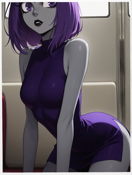 high quality, best quality, masterpiece, highres, very aesthetic, absurdres, <lora:illustrious_quality_modifiers_masterpieces_v1:.8>, detailed hair, <lora:NSFWFilter_illusXL_Incrs_v1:-.5>, on all fours, (close-up), cropped legs, head out of frame, hip focus, 
Raven \(DC\), medium hair, purple hair, purple eyes, forehead jewel, colored skin, (grey skin), small breasts, black lips, , black magic, sleeveless dress
, indoors, on a train, <lora:HoneyMapache:.9>, big eyes, skinny