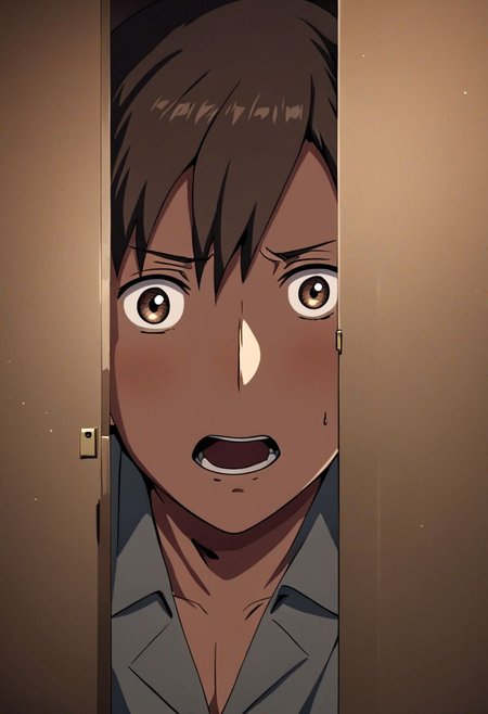 high resolution, solo, best quality, 1Boy, Takaki Toono, Brownish Hair, Brown Eyes, surprised, peeking out, OverallDetail