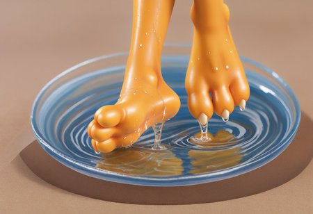 Bubsy, bob cat, barefoot, brown feet, yellow soles, foot focus, 3 toes, wet on feet, water, close up