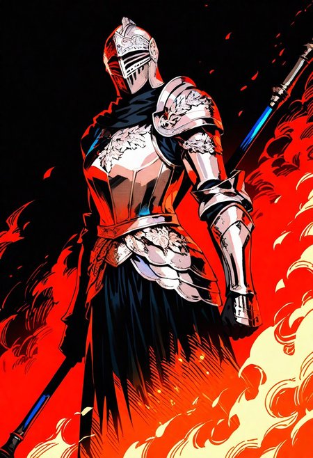 score_9, score_8_up, solo , 
(roundtable knight vyke) ,\(elden ring  , 1boy , abstract background, armor , fire , full armor , helmet , holding , holding polearm , holding weapon , male focus , pauldrons , polearm , shoulder armor , single pauldron , weapon 
 tassets , vambraces , visor (armor) , waist cape , weapon 
newest, year 2024, very aesthetic, masterpiece, best quality, highres, newest, absurdres, safe skin,cinematic lighting,ray tracing,female focus,dynamic angle,depth of field,high contrast,colorful,detailed light,light leaks,beautiful detailed glow,best shadow,shiny,intricate details,hyperdetailed,very aesthetic,iridescent
(((masterpiece,best quality,newest,absurdres,highres))) ,Nsfw,
[artist:kyuuba melo] , [artist:yourfreakyneighbourh ] , [artist:takashima_shoa]