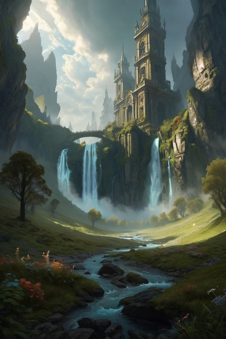ancient forest with sunbeam rays ,alchemical wastelands where glass storms etch arcane patterns, the horizon dominated by mercury cyclones, waterfall,  noon,weather foggy indoors cinematic view, epic sky, detailed, concept art, medium angle, high detail, warm lighting, volumetric, godrays, vivid, beautiful, trending on artstation, by John Park, huge scene, grass,flower, art greg rutkowski,