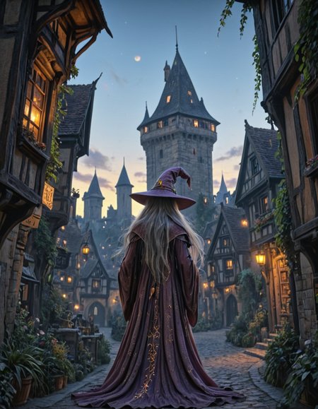 <lora:Medieval_Worlds_outsidexl:1> mw01out, medieval, sun shades, very detailed, very narrow street, illuminated, city lights, houses, vegetation, sunset, high tower, person wizard with long grey hair and wearing a wizard hat ,