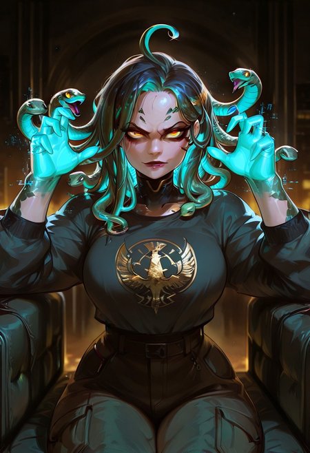 Rating_sfw, mature woman,dynamic hands hacking pose, extra four holographic hands, holographic hacking screens, cyberwear, cyberpunk, humanoid , cybernetic enhancement, serpent themed , oversized clothes, cargo pants, dark clear skin, Egyptian themed lap, ((cute face)), innocent face, pretty face, eyes, detailed eyes, long eyelashes, eyeliner, gorgon,glitching hair, ,(ar-glitch holographic Snake hair, snake, snake_hair,)) , , eyes, glowing snake, charismatic, curvy, aesthetic, ((perfectly robotic hair, snake hair)), thick lips, full lips, skinny, (slim build), small waist, big breasts,, beautiful detailed face, small face, beautifully complex colored iris, ), enchanting, looking at the viewer,