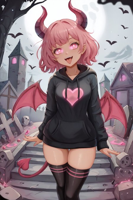 score_9, score_7_up BREAK  <lora:miraihikari:1> 1girl, black hoodie, graveyard, pink glow, pink eyes, glowing eyes, pink hair, medium hair, horns, demon wings, demon tail, tongue out, pink wings, black thighhighs, bodice
