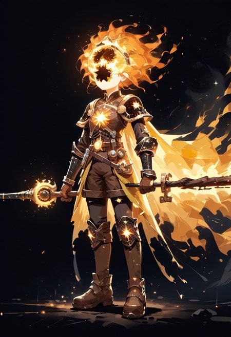 score_9, score_8_up, score_7_up,
lord_of_frenzy, fire head,
starry_morph,
novakin, faceless, no eyes, no mouth, no nose, no facial features, short fiery yellow orange hair, body made of black plasma,
magical girl outfit, yellow steampunk dress, brown boots, brown shorts, roll out shots, brown gloves, utility belt, 
holding magical staff,
simple background, black background