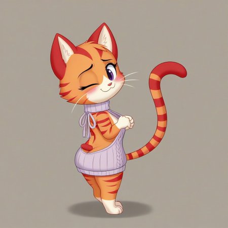 SuperKitties, Anthropomorphic body, Ginny, mammal, furry, orange tabby munchkin, \(artwork\), high quality/resolution, 4K, 2023, solid color background, solo focus, shaded, portrait, fur, female, biped, short stack, purple eyes, red stripes (in between 2 zig zag stripes), cat tail, ears down, chestnut (color) orange thin eyebrows, eyes opened, blushing red face, pink virgin killer sweater, vks2023,sweater, head slanted sideways, eyes facing down, looking down at the tail, looking back, one eyelash (one lash for one eye each), pulling sweater, back angle, half body trim, smiling, sad, mouth slightly open, no hair only fur, shading, round-shaped head, white whiskers, white vanilla colored hands and feet (paws)