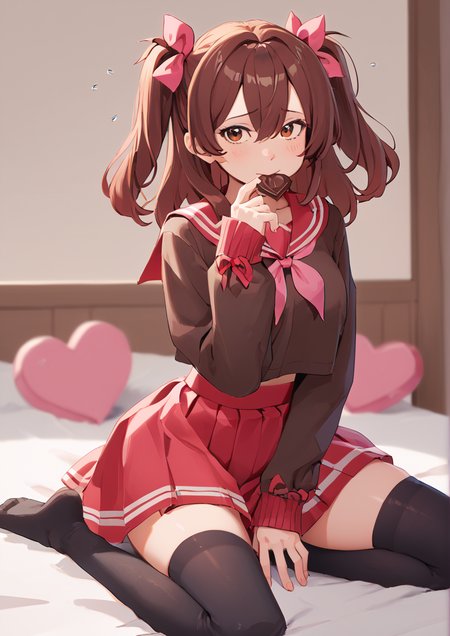 1girl, huge breast, bed, between legs, black thighhighs, blurry, blurry background, blush, bow, brown eyes, brown hair, brown shirt, candy, chocolate, dated, depth of field, flying sweatdrops, food, food in mouth, hair between eyes, hair bow, hand between legs, hand up, heart, heart-shaped chocolate, indoors, long sleeves, looking at viewer, mouth hold, neckerchief, pink bow, pink neckerchief, red sailor collar, red skirt, sailor collar, school uniform, serafuku, shirt, signature, skirt, sleeves past wrists, solo, thighhighs, two side up, valentine, zPDXL3,  handfixer <lora:HandFixer_pdxl_Incrs_v1:1><lora:dNaitari:0.8>