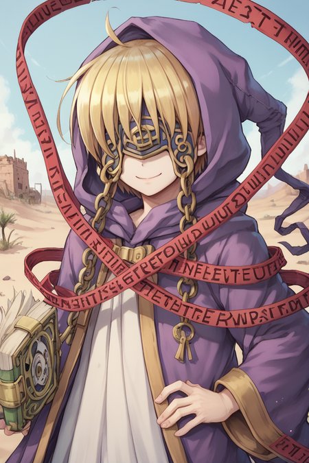 (score_9, score_8_up, score_7_up, score_6_up), source anime, BREAK, solo, <lora:Nessiah-000013:0.70> , nesdef, 1boy, blonde hair, mask, covered eyes, hooded robe, hood up, robe, purple robe, caution tape, red caution tape, cuffs, chains, book, exterior, desert, wasteland, fortress, castle, upper body, (hand on hip), smile, closed mouth,  <lora:zy_Detailed_Backgrounds_v1:0.5> , detailed background, highly detailed,   <lora:backgroundsetXL:0.4> , background,  <lora:m4gXLP:0.7> , m4g,