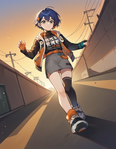 score_9, score_8_up, score_7_up, source_anime, <lora:zzz-belle-ponyxl-lora-nochekaiser:1>, belle, blue hair, green eyes, hair ornament, short hair,, belt, black shirt, black thighhighs, clothes writing, earrings, fingerless gloves, gloves, grey shorts, jewelry, long sleeves, orange belt, orange flower, orange socks, shirt, single fingerless glove, single thighhigh, jacket, hoodie, turtleneck,, suburban neighborhood, morning jog, earphones, running shoes, fresh air, sunrise, cowboy shot, dutch angle