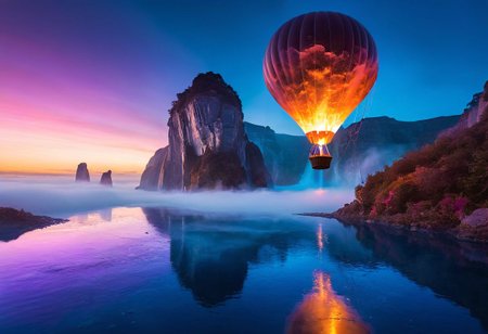 colossal hot air balloon, swirling nebula shape, sea of stardust, ethereal glow, floating islands, bioluminescent waterfalls, otherworldly landscape, majestic, awe-inspiring