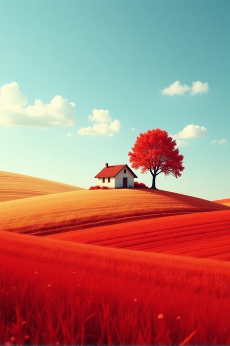 This captivating image presents a minimalist rural landscape featuring a solitary small house nestled atop rolling hills. A vibrant red field in the foreground contrasts sharply with the muted golden tones of the harvested land surrounding the house. Beside the structure stands a lone tree, its fiery red foliage mirroring the field's intense hue, creating a harmonious color palette.
The sky is a vast expanse of soft blue with scattered fluffy white clouds, adding depth and serenity to the scene. The composition evokes a sense of solitude and timeless beauty, with its clean lines and striking colors creating a visually arresting and emotionally resonant image., Hasselblad X1D IIâââ