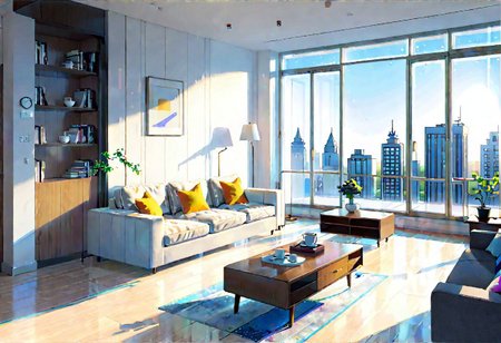((front view)), (Close-Up View), (Rule of Thirds), ((animation style)), modern-style interior, white walls, ((large windows)), wooden floor, a  study, Sofa, coffee table, bookcase, single wall, 
warm light morning sun, (((City high-rise building scenery))), (((clear sky)))