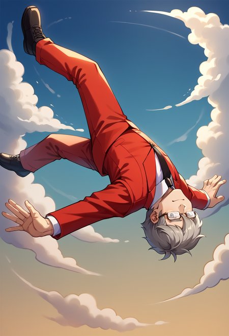 score_9, score_8_up, score_7_up, source_anime, BREAK 1boy, solo,  <lora:zs_StephenXL:1>, stephensmt, grey hair, short hair, grey eyes, glasses, red blazer, white shirt, black tie, red pants, black footwear, <lora:Backflip_XLPD:1>, upside-down, backflip, smirk, sky. cloud,
