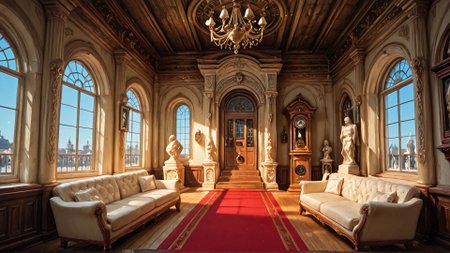 Grand hall of a stately mansion, double staircase, red carpet, light teal walls, wooden paneling, classic style,  elegant decor, antique style,  ornate chandelier,  (wooden banister:1.1),  (large windows:1.2) with blue sky visible,  (detailed stone carving:1.2), (statue  at center),  richly decorated interior, (wooden furniture:1.2), antique grandfather clock,  armchair, (white upholstery:1.1),  wall paintings, (various paintings:1.1), soft lighting,  warm light,  photorealistic style,  digital painting, detailed lighting,  composition symmetrical,  perspective is standard,  calm atmosphere, interior shot,  (high-detail architectural elements:1.2), no humans, (accurate details of design:1.1),  (realistic decor:1.1).  SmoothNoob_Quality