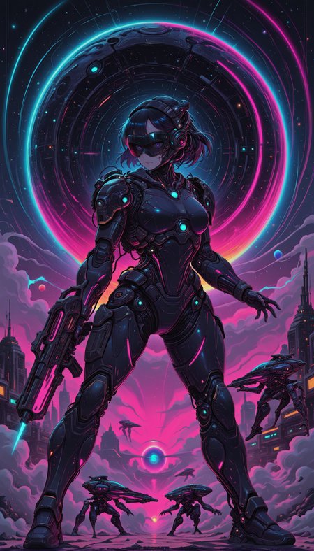 1girl, black hair, cybernetic armor, glowing cyan lines, visor, plasma rifle, alien planet, twin moons, dust storm, tactical gear, futuristic weapon, science fiction, battle stance, high detail, harsh lighting masterpiece, best quality, amazing quality, very aesthetic, absurdres, detailed eyes, newest, pinkneoncybercore, <lora:PinkieNeonCybercoreIL:1>,