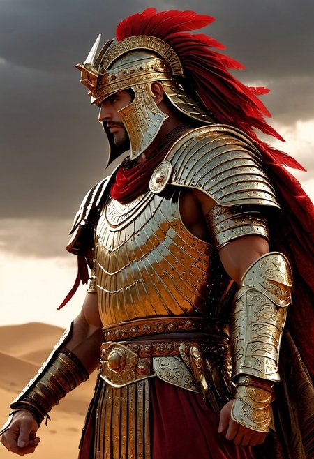 A powerful Mesopotamian warrior standing tall in ancient armor, holding a curved sword in one hand and a round shield in the other. He is dressed in intricately detailed armor made of bronze, with golden accents and decorative patterns inspired by ancient Mesopotamian art. His attire includes a long tunic with embroidered designs, a leather belt, and a headdress resembling those worn by the warriors of ancient Sumer or Akkad. His strong, determined face is framed by a short beard and a serious gaze. The warrior stands on a dusty battlefield, with towering ziggurats and distant city walls in the background. Above, the sky is overcast, with dark clouds rolling in, and a fierce wind blowing across the scene. The color palette is a mix of earthy browns, golds, and deep reds, giving the scene a sense of ancient power and civilization.
, moody light, by H.R Giger, 4k resolution digital art trending on Artstation and unreal engine 5, hyperrealism, full body shot, glowing eyes, cinematic, epic, masterpiece, surreal, fantasycore, hyperdetailed, ultra realistic, octane render, volumetric lighting, depth of field, bokeh, 8 <lora:Details:0.85>