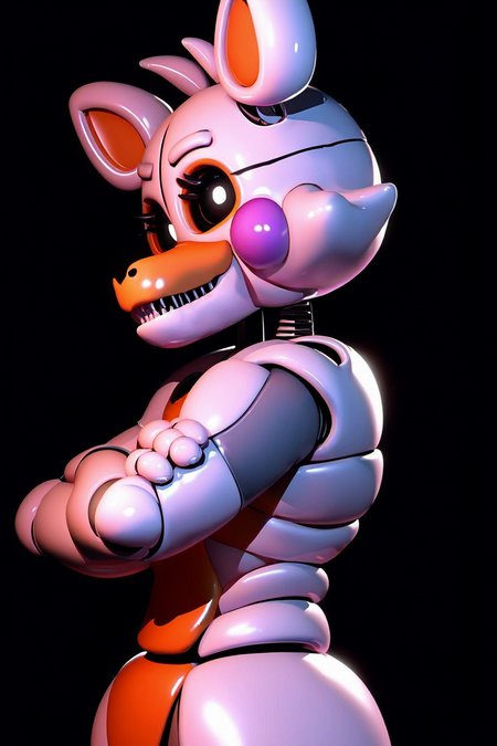 score_9, score_8_up, score_7_up, score_6_up, score_5_up,  source_anime,  <lora:Lolbit_-_FNAF-Pony:1> lolbit, animatronic, black sclera, white pupils, animatronic head, animatronic arms, crossed arms, dark background, looking at viewer, from side seen