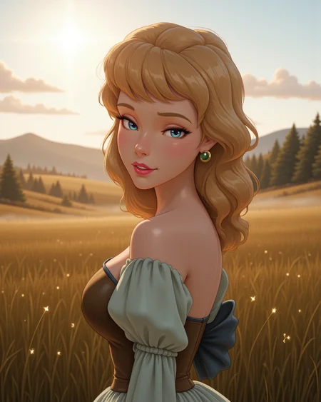 close-up, looking at viewer, outdoors daylight, Confident with a steady gaze, chin lifted, and a subtle smirk showing self-assurance.
A woman stands in the middle of a serene meadow, watching the mist rise from the ground as the sun begins to peek over the distant hills. in a dynamic pose
<lora:Disney_-_Cinderella_v2-000030:1> d-cinderella a 20 year old adult woman with blonde hair with blue eyes. In her iconic outfit