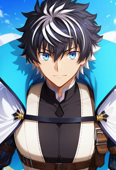 masterpiece, best quality, intricate details, anime screencap, anime coloring, official style, looking at viewer, 1boy, solo, male focus, <lora:charlemagne_fate_ilxl:0.98>, charlemagne_fate, black hair, blue eyes, multicolored hair, white hair, two-tone hair, short hair, hair between eyes, bangs, streaked hair, cape, , Denim Gingham BubblegumPink Cargo joggers, Dress vest, , ,
