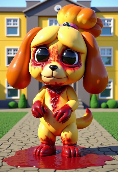 an image in the style of the tv show south park of A 3D-rendered isabelle (animal crossing), anthro-dog in a simple cartoon style with large plain eyes and a large round head. Simple and cute, standing in front of a yellow school building.  The image has a terrifying contrast between the adorable isabelle antrho-dog and the cute cartoon surroundings, and the realistic blood coming from her eyes and covering her paws, pooling on the ground in front of her.  The blood and eye lacerations should be rendered in extreme realistic detail making her an Ugly Cute monster creature