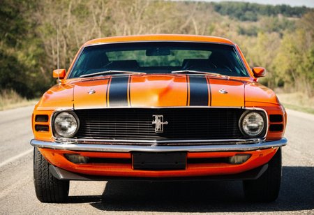 VintageMuscleCar orange Ford Mustang, stripes, front view, road, landscape, 4K, highly detailed, (gleaming stylish grainy analog film photo 35mm)