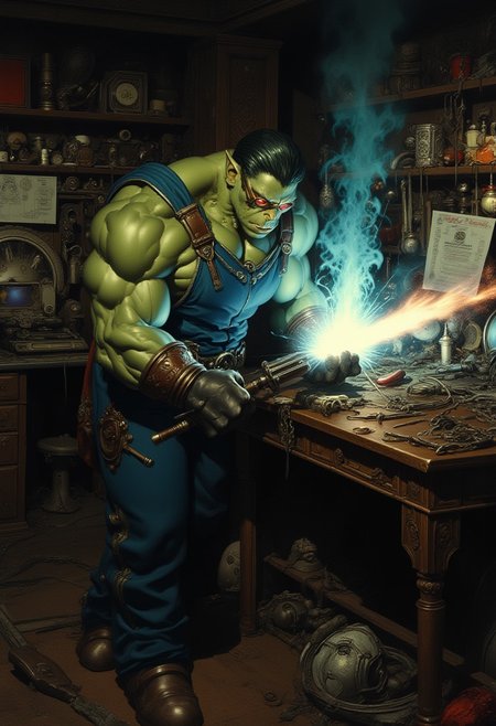 this orc is an talented space ship mechanic with unprecedented welding skills. 
the green skinned orc is despite is muscular built, quite sophisticated, his delicate glasses supporting that fact and his focus on his welding task. his jumpsuit barely can contain his muscles, yet is his posture a mild one, a man of peace and science. his lab is overflowing with tools and utilities, chaotic and charming with the organizational skills of a mad genius.
cyberpunk setting.
muted color palette with vibrant details and soft vantablack shadows.
hyperdetailed digital artwork.