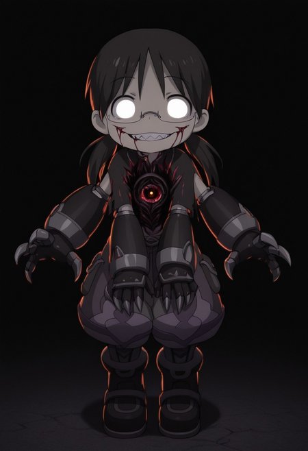 masterpiece, best quality, amazing quality, riko \(made in abyss\), black hair, blank eyes, glowing eyes, semi-rimless eyewear, long hair, low twintails, xdive, android,, full body, detailed background, black background, antiKH, spot color, neon palette, heartless, mouth closed, glasgow smile, sharp teeth, (horror:1.4), peering at the user, dark, solo, sharp claws,