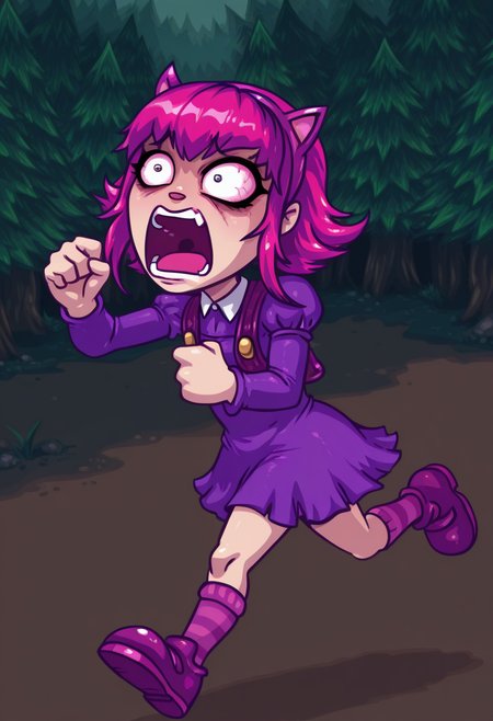 55Mstyle, gonzossm style,  masterpiece, best quality, solo, annie from league of legends, purple dress, running, funny, screaming, being chased by large blue minitor, forest, 