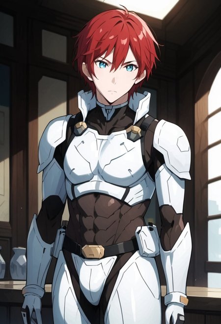 score_9, score_8_up, score_7_up,Expressiveh source_anime,BREAK,
1boy,male focus, solo,
reinhard, red hair, blue eyes, hair between eyes, BREAK,
full shot,front_view,
wears terraformarsmoviebodysuit, armored bodysuit, black bodysuit, white armor, boobplate, shoulder pads, wrist guards, black gloves, white gloves, utility belt, belt pouch, hip armor, crotch plate, thigh armor,
standing,
calm expression,