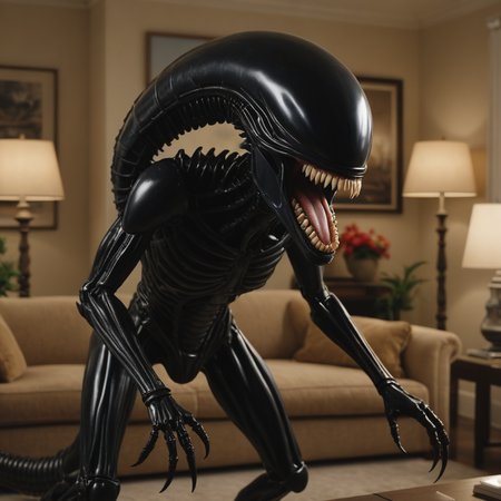 a screenshot of an episode of a sitcom starring a silly xenomorph laughing in a living room