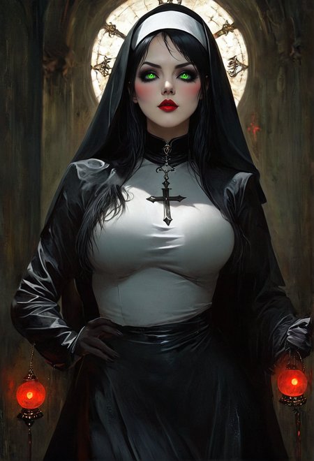 (masterpiece), (best quality), A Gothic Nun, A 25-year-old hot beautiful seductive alluring sensual kpop idol woman with perfect face and perfect well-endowed hourglass figure extremely huge breast red lips, tattoos, white skin, black hair, muscle body, (green glowing shiny eyes), misterious dynamic background, looking at the center camera, painting style, beautiful detailed intricate insanely detailed octane render <lora:Dark Fantasy:0.55> Dark Fantasy page <lora:XSfenlie:1> fenliexl, mixed media, surrealism <lora:ArsMJStylePony_-_Art_Nouveau_SDXL_1.5:0.55> ArsMJStyle, art nouveau, <lora:ral-dryflwrs-sdxl:0.55> ral-dryflwrs <lora:The exorcist style:0.55> exorcist style <lora:Junji Ito Horror Style XL:0.55> Junji_Ito_Maniac, creepy, horror <lora:linquivera:0.55> linquivera, liiv1 <lora:LineWork:0.55> LineWork, monochrome, emphasis line, masterful composition, dynamic volumetric lighting, ray_tracing, reflection,
