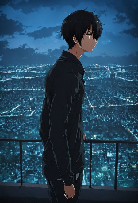 high resolution, solo, best quality, 1Boy, Kanie Seiya, Black Hair, high-rise, top of building, landscape, depth of field, OverallDetail
