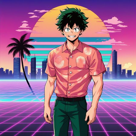 score_9, score_8_up, score_7_up, score_6_up, score_5_up, score_4_up, zPDXL2,source_anime,rating_questionable, 1boy, solo,  smile, red hawaiian shirt, cowboy shot, floating, Deku Izuku Midoriya     , smile, <lora:Vaporwave:0.8> v4p8r, scenery, sun, palm tree,vaporwave, purple sky, city skyline