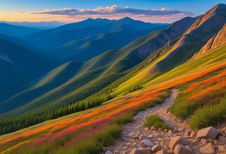 Silkscreen, ((WPA style)), (national parks style), Bold vivid natural colors, limited color palette, painting, HDR (Ridge trail in the white mountains going up Mt. Lincoln from little haystack)