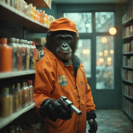 (Cool:1.4) cold tones, Closeup portrait, cinematic film still of  Grainy Cinematic Film stock footage in (arri alexa style) Kodak film print, A detailed interior of a convenience store scene with a serious anthropomorphic angry gorilla in an orange astronaut suit with helmet visor holding a revolver in its right hand, a pressure gauge on chest, standing next to shelves of magazines and goods, bottles in the background under ceiling lights, entrance door out to the night city lights, high budget, cinemascope, moody, epic, gorgeous, film grain, grainy, <lora:Classic Film Noir style:1.5> Classic Film Noir style, (shallow depth of field:1.8),(detailed bokeh:1.8), (big swirly bokeh:1.8), (petzval:1.8), (out of focus lights:1.8),   <lora:Toy_Camera:0.5> <lora:InstantPhotoX3:1.8> <lora:CinEro-Anatomy-LoRa-XL_v1.1:1> <lora:cinero-loha-xl.safetensors:1>
