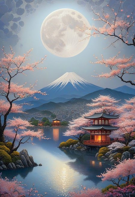 seductive beauty, closeup, beautiful face, fragile beauty, pretty eyes, stunning artwork, psychodelic scenic japan night landscape, sakura garden, mountains, lake, perfect composition, full moon, haze, low angle, masterpiece, award winning,, ultra detailed, highly detailed, 8k, uhd