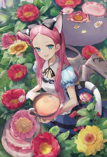 ral-embroideredpatch, Create a high-quality, hyper-detailed image of Alice from Alice in Wonderland having tea with the Mad Hatter and the Cheshire Cat. The scene should be rendered in an embroidered style, with intricate stitch details. Use vibrant colors to highlight the whimsical nature of the characters and setting. The composition should show Alice, the Mad Hatter, and the Cheshire Cat at a tea table, surrounded by a lush garden. Render the scene in 8K resolution