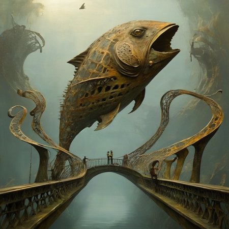 ethereon lovers on the bridge and the giant piranha, very detailed <lora:ethereon:1>